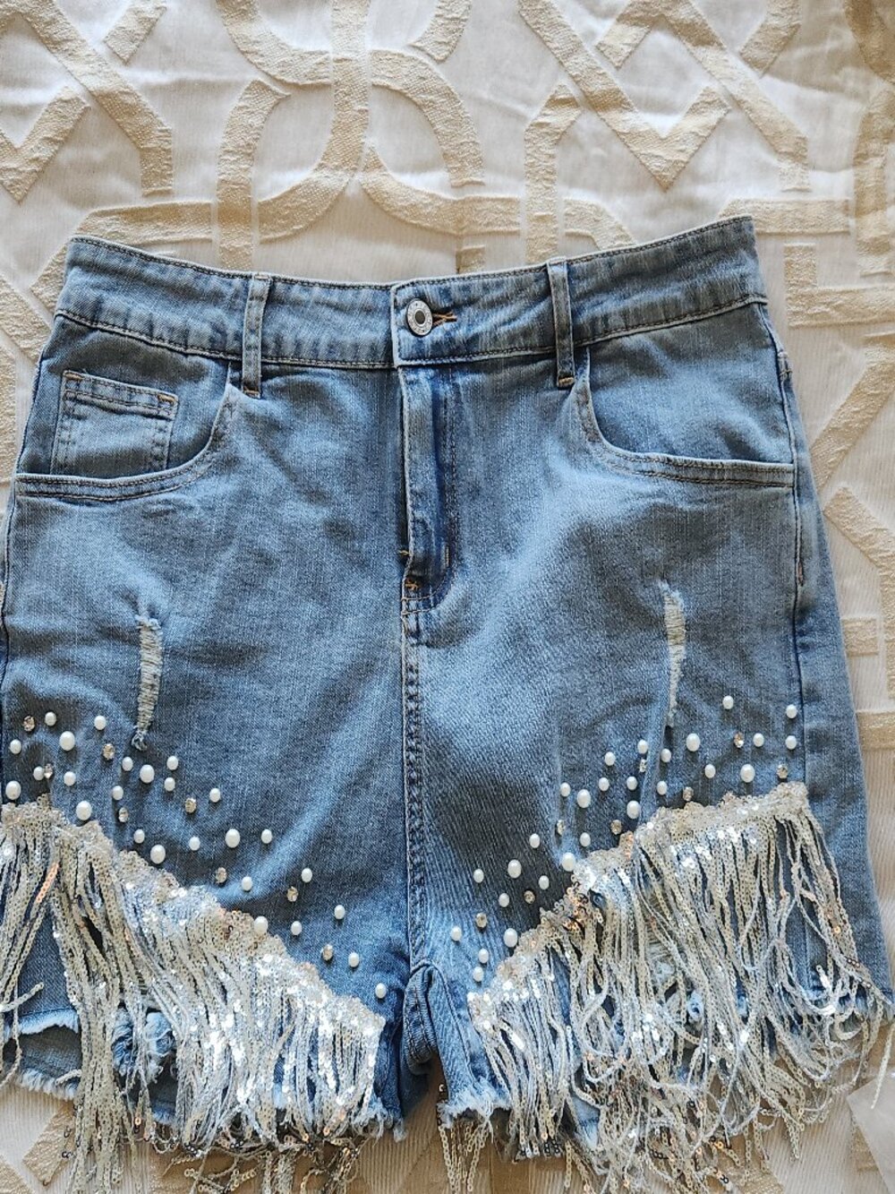 Rhinestone Pearl Beaded Fringe Tassel Denim Shorts